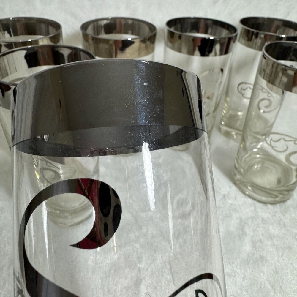 8 Vintage MCM Dorothy Thorpe Monogram “S” Silver Band Highball Tumbler Glasses - Picture 4 of 5